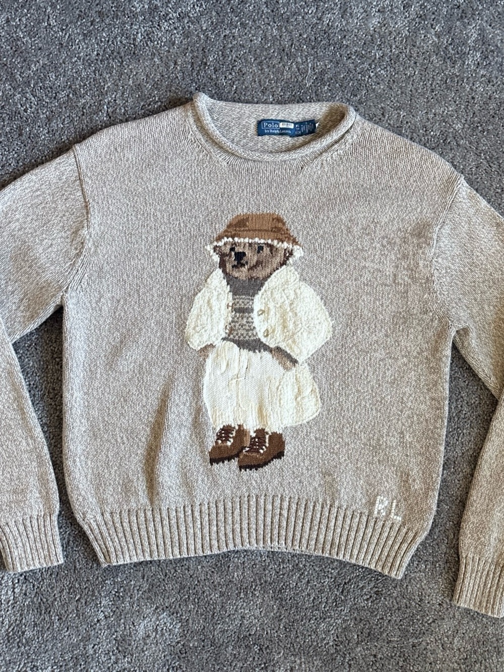 Polo by Ralph Lauren Beige Bear Intarsia Crewneck Sweater with Brown Accents